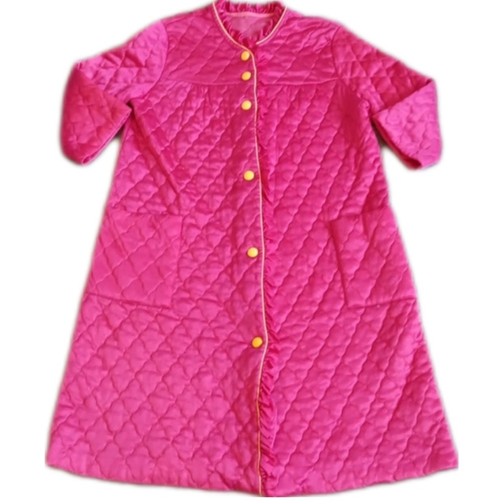 Vintage Neon Pink Quilted House Coat Robe, 1960s 1970s Era Sleepwear